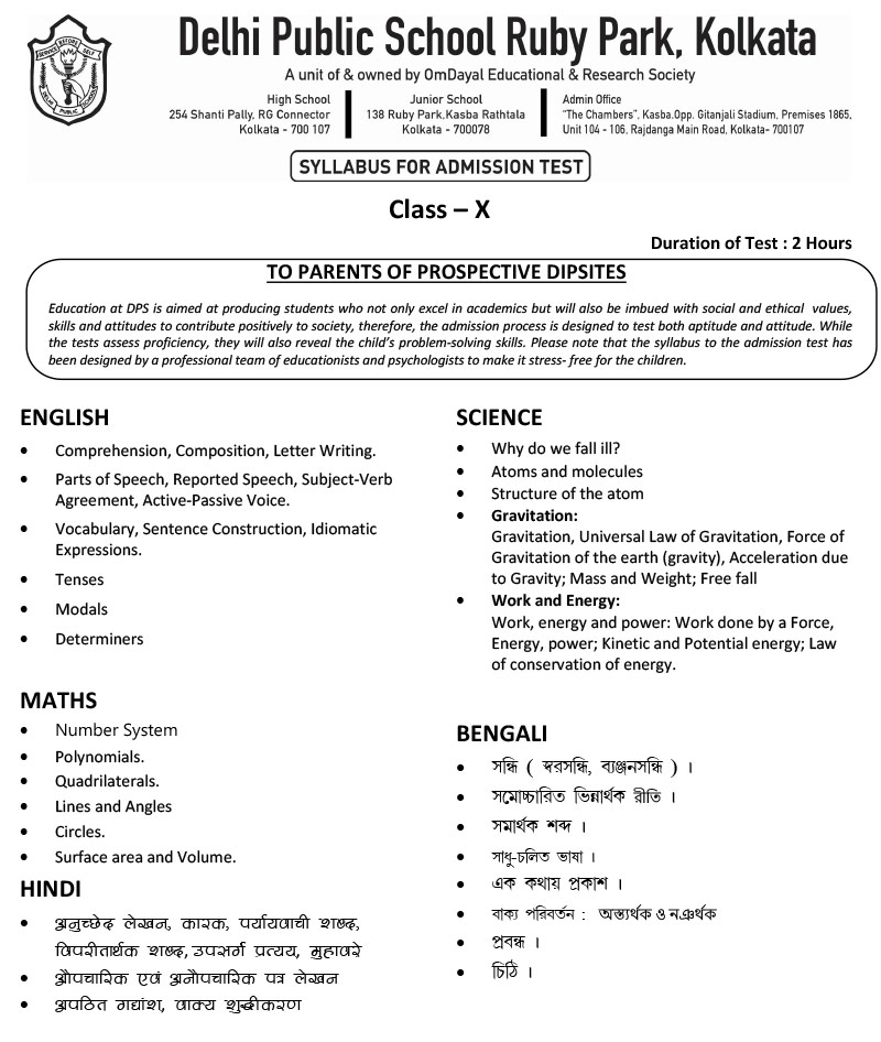 Syllabus for Assessment, Class-X, 2023-24