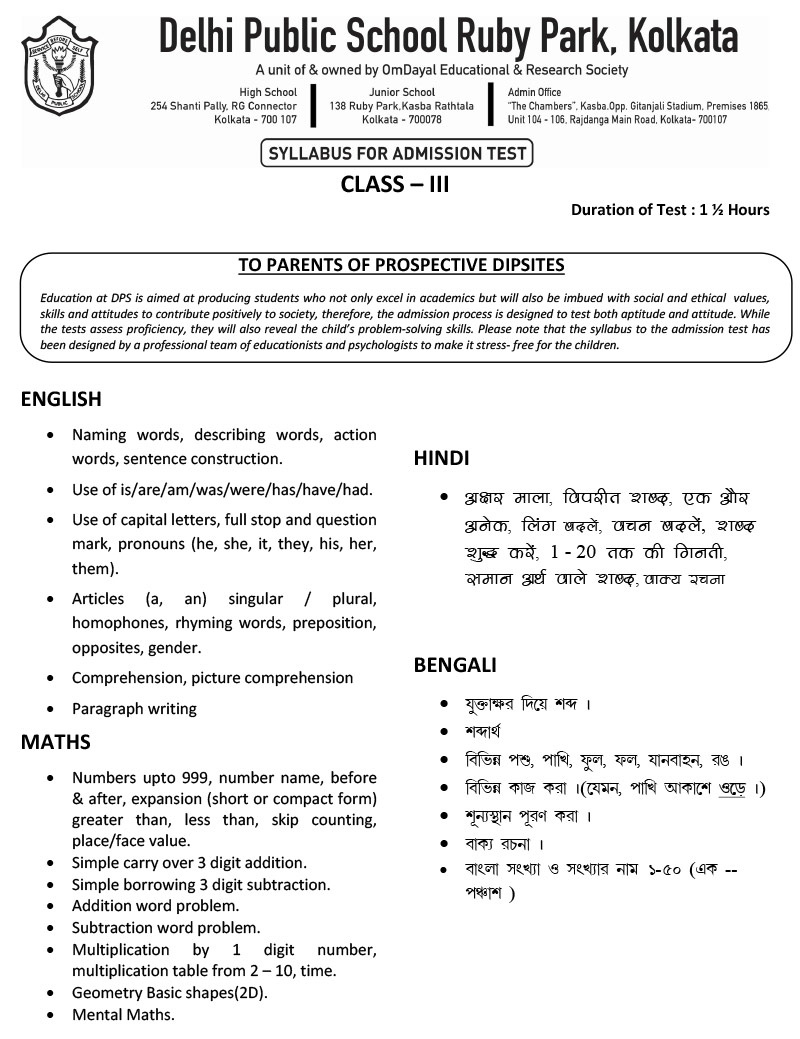 Syllabus for Assessment, Class-III, 2023-24