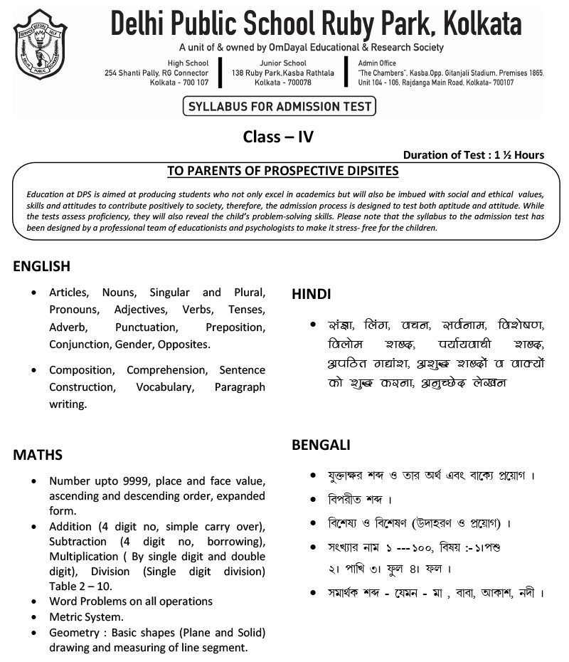 Syllabus for Assessment, Class-IV, 2023-24