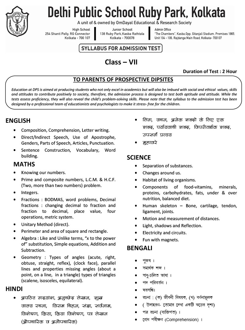 Syllabus for Assessment, Class-VII, 2023-24