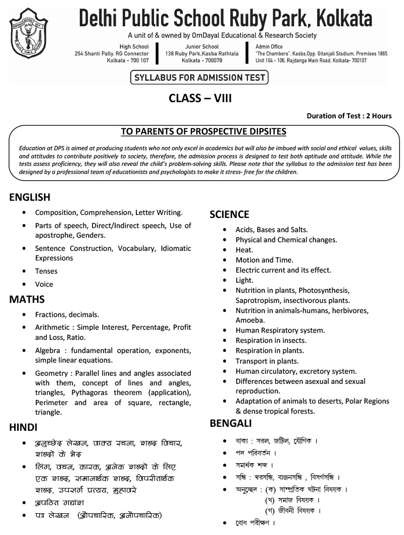 Syllabus for Assessment, Class-VIII, 2023-24