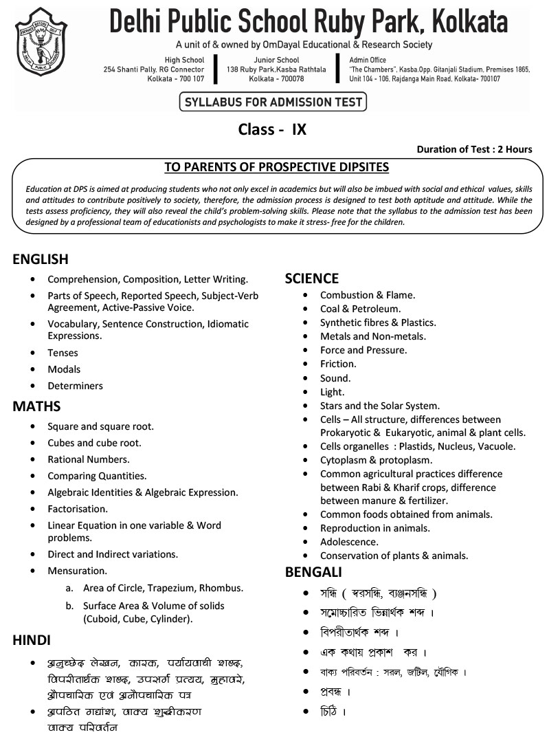 Syllabus for Assessment, Class-IX, 2023-24