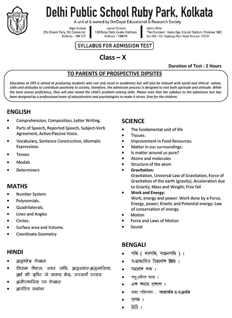 Syllabus for Assessment, Class-X, 2024-25
