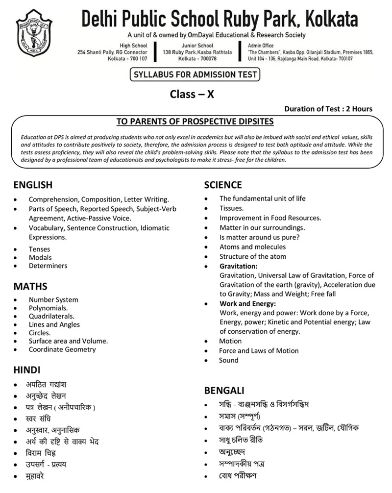 Syllabus for Assessment, Class-X, 2026-27