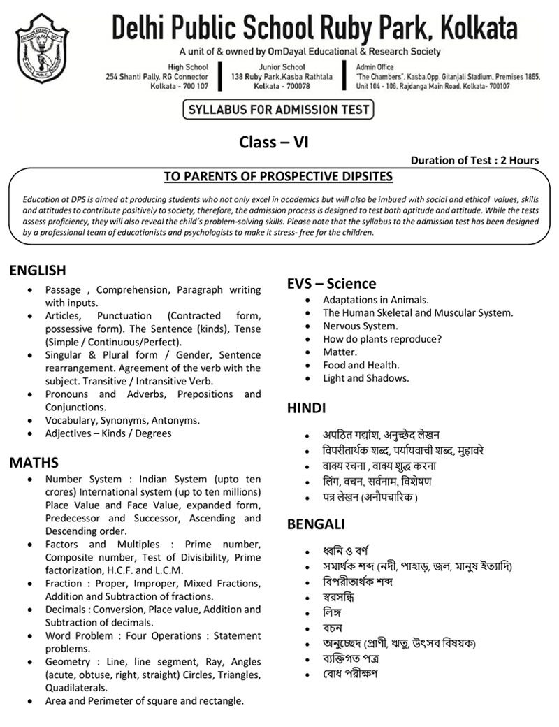Syllabus for Assessment, Class-VI, 2026-27